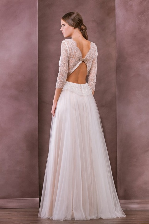 Flattering lace and chiffon wedding dress with V-neckline and statement  illusion back detail. – Kelsey Rose